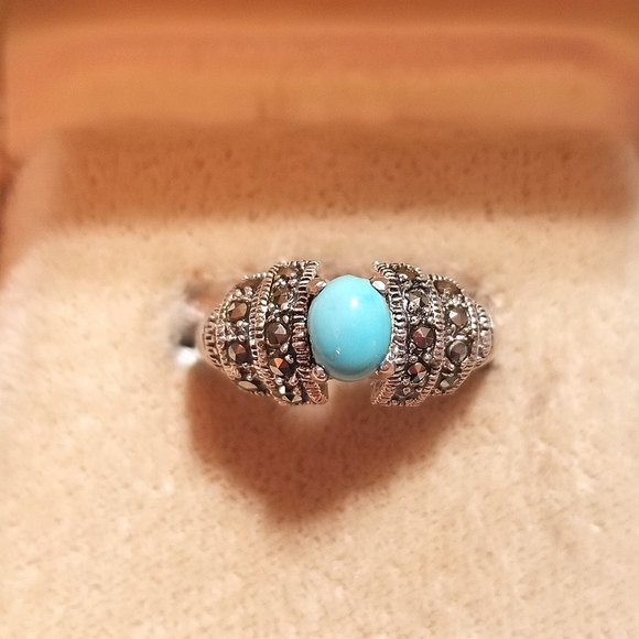 VTG Sleeping Beauty Turquoise Marcasite Sterling Silver Ring - Picture 3 of 6
